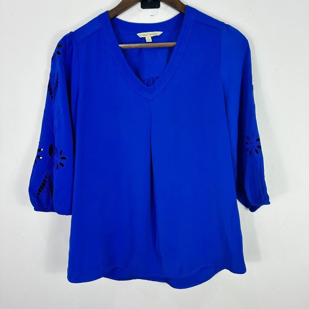 41 Hawthorn Blue Top XS Puff Sleeve V Neck Cutout Detail Career Boho Chic Office
